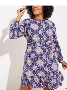 NWT LOFT Plus Navy Purple Tiled Motif Tie Waist Dress Size 24